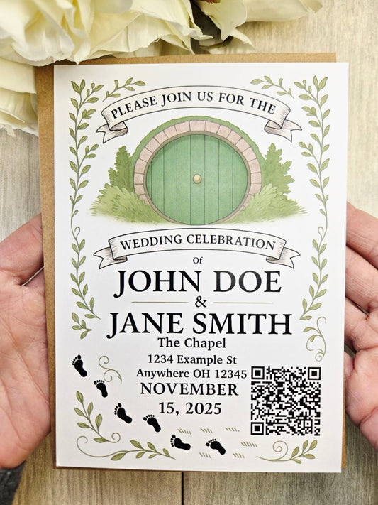 Green Fantasy Door Wedding Invitation Set with RSVP • Rustic Cottagecore Wedding Suite