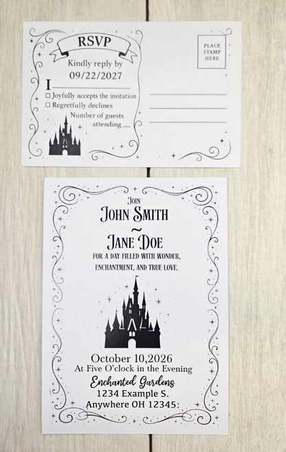 Fairytale Castle Wedding Invitation RSVP Set | Enchanted Princess Theme | Storybook Paper Invite | Customizable Wedding Stationery