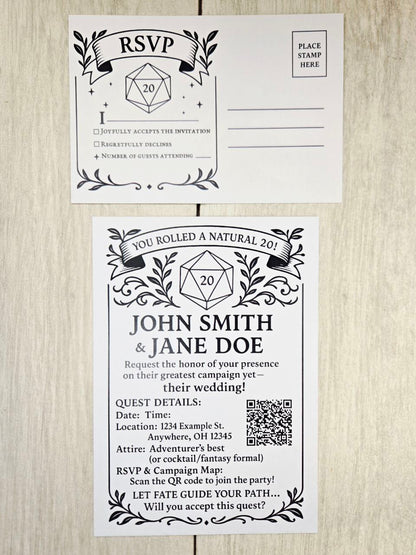 D20 Wedding Invitation RSVP Set | Tabletop RPG Theme | Dungeons Dragons Paper Invite | Gamer Geek Wedding Stationery