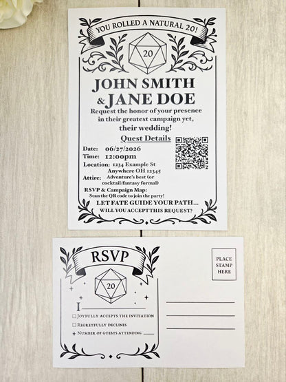 D20 Wedding Invitation RSVP Set | Tabletop RPG Theme | Dungeons Dragons Paper Invite | Gamer Geek Wedding Stationery