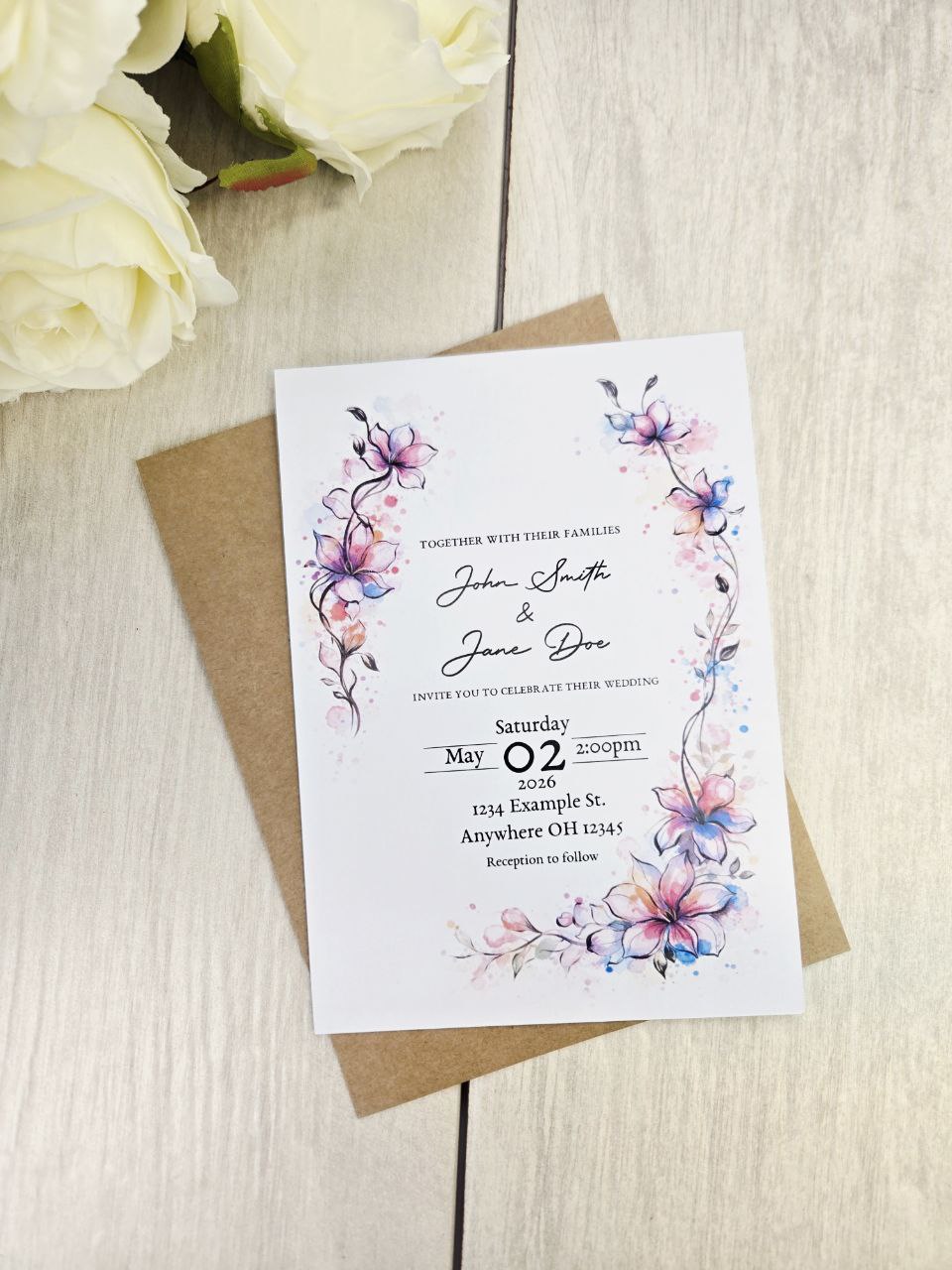 Watercolor Floral Wedding Invitations | Pink Blue Botanical Wedding Invites | Spring Summer Garden Wedding | Custom Printed Invitation Cards