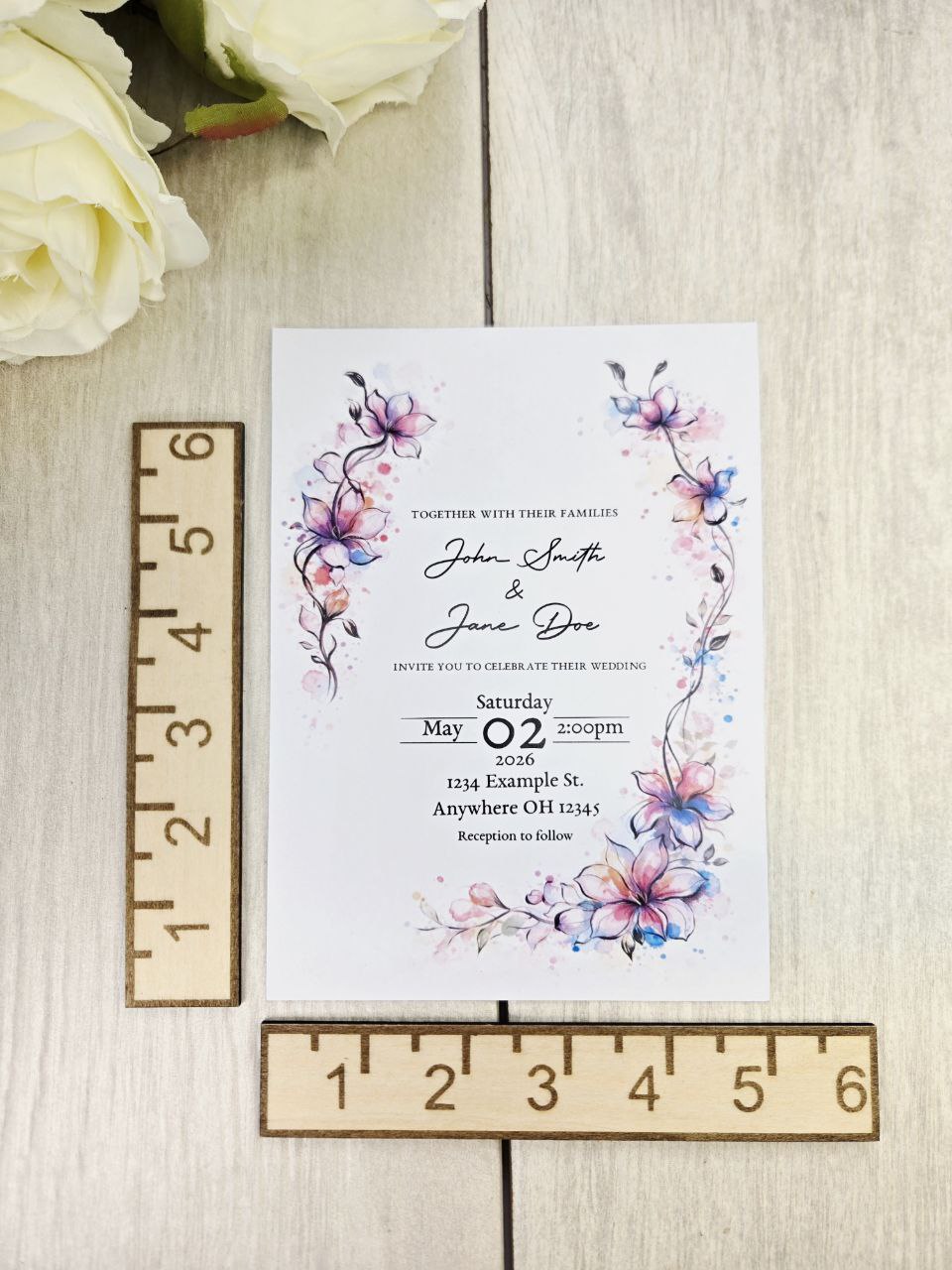 Watercolor Floral Wedding Invitations | Pink Blue Botanical Wedding Invites | Spring Summer Garden Wedding | Custom Printed Invitation Cards