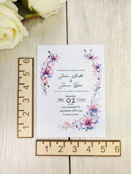 Watercolor Floral Wedding Invitations | Pink Blue Botanical Wedding Invites | Spring Summer Garden Wedding | Custom Printed Invitation Cards