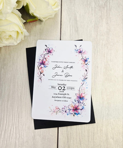 Watercolor Floral Wedding Invitations | Pink Blue Botanical Wedding Invites | Spring Summer Garden Wedding | Custom Printed Invitation Cards