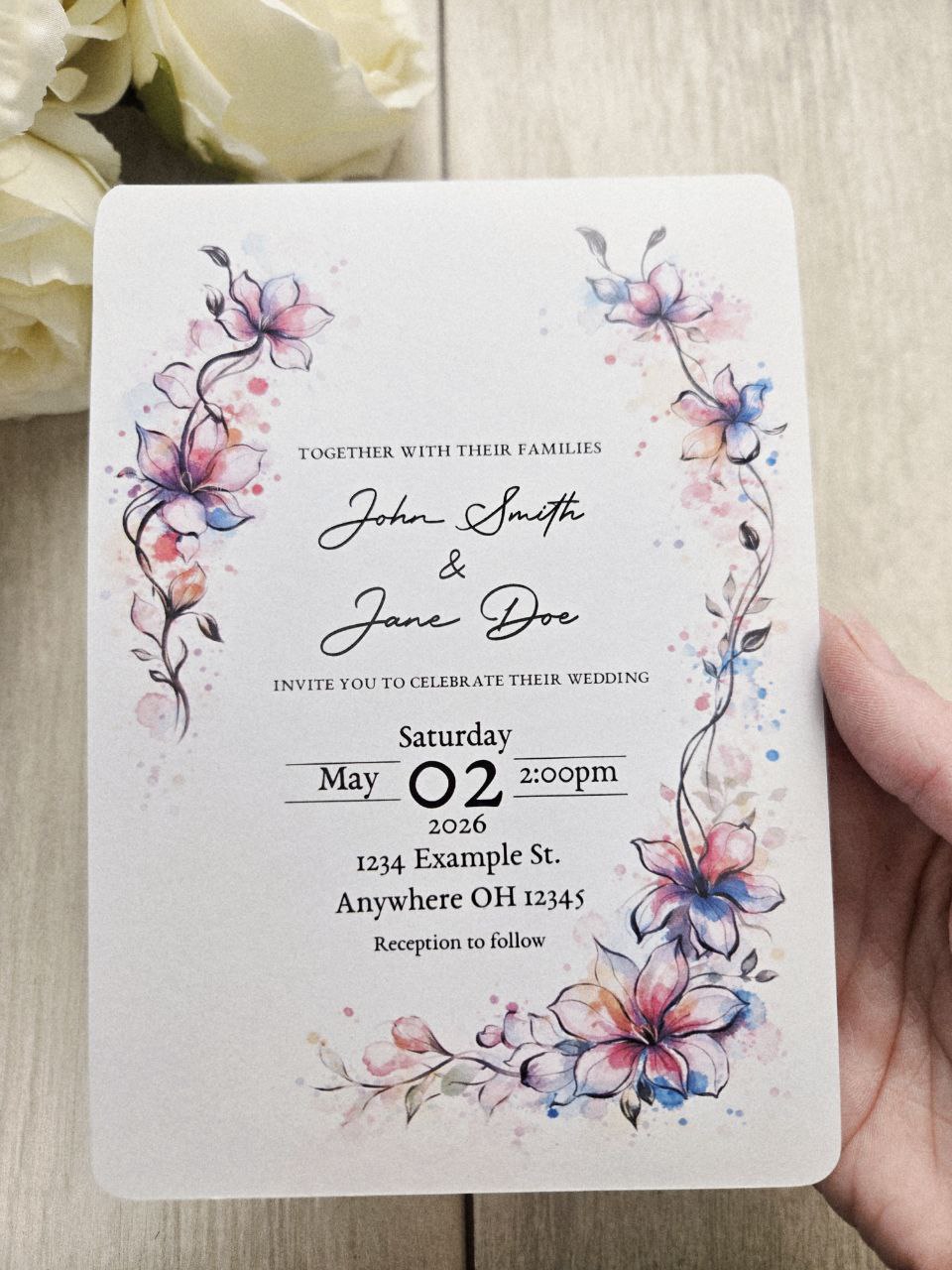 Watercolor Floral Wedding Invitations | Pink Blue Botanical Wedding Invites | Spring Summer Garden Wedding | Custom Printed Invitation Cards