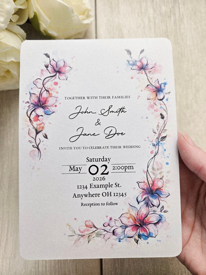 Watercolor Floral Wedding Invitations | Pink Blue Botanical Wedding Invites | Spring Summer Garden Wedding | Custom Printed Invitation Cards