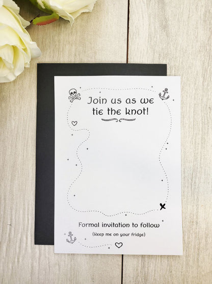 Pirate Flag Wedding Save the Dates - Wooden Skull and Crossbones Magnets - Nautical Pirate Theme - Laser Engraved - Custom Save the Date