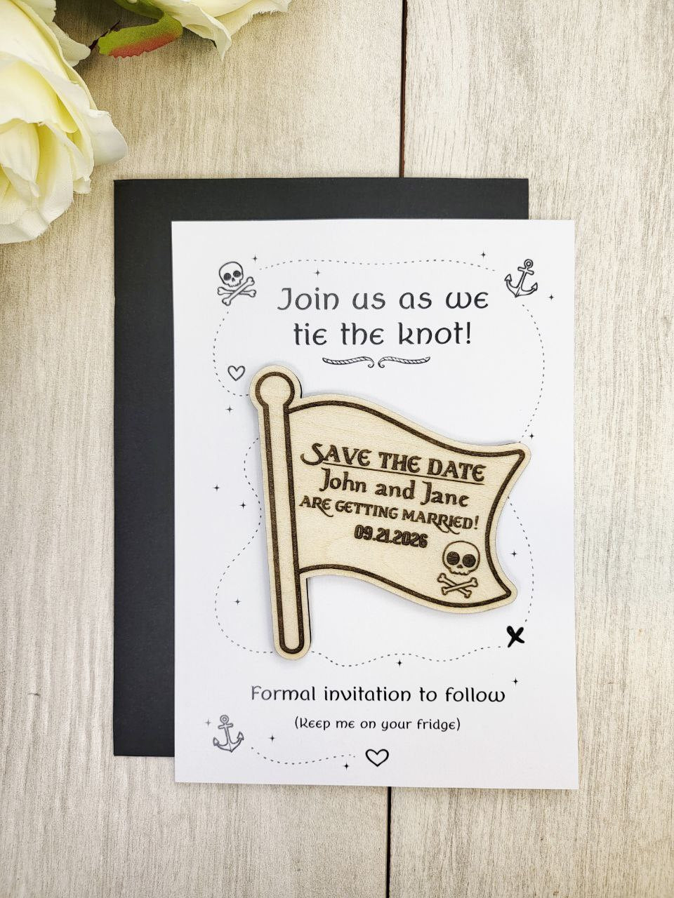 Pirate Flag Wedding Save the Dates - Wooden Skull and Crossbones Magnets - Nautical Pirate Theme - Laser Engraved - Custom Save the Date
