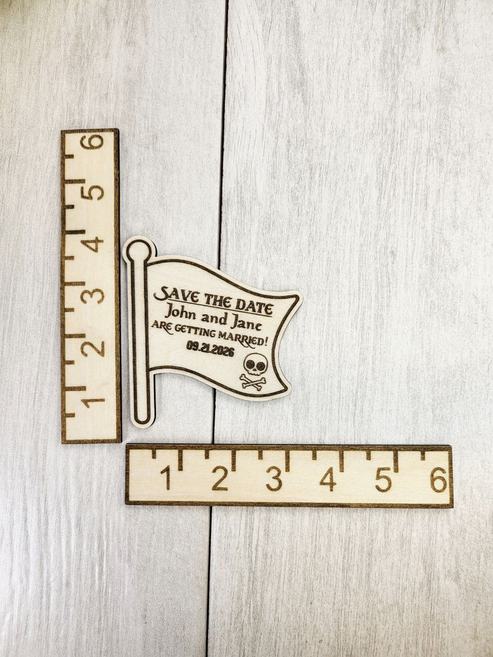 Pirate Flag Wedding Save the Dates - Wooden Skull and Crossbones Magnets - Nautical Pirate Theme - Laser Engraved - Custom Save the Date