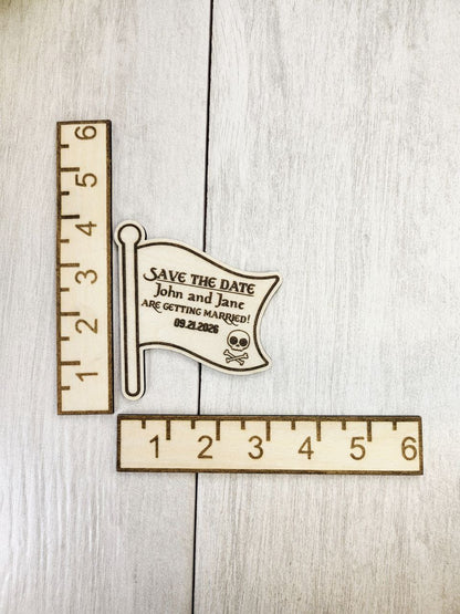 Pirate Flag Wedding Save the Dates - Wooden Skull and Crossbones Magnets - Nautical Pirate Theme - Laser Engraved - Custom Save the Date
