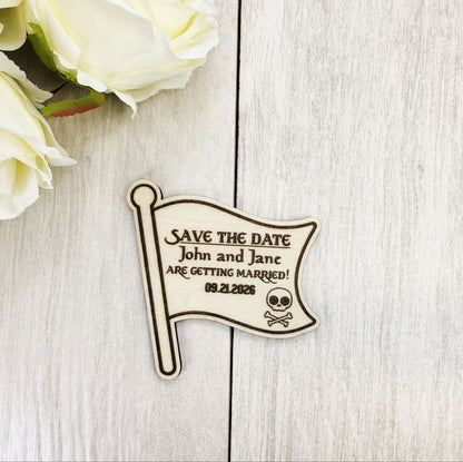 Pirate Flag Wedding Save the Dates - Wooden Skull and Crossbones Magnets - Nautical Pirate Theme - Laser Engraved - Custom Save the Date