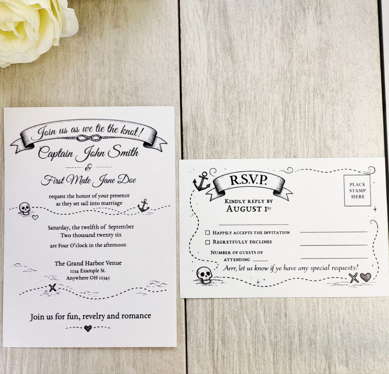Pirate Wedding Invitation + RSVP | Nautical Skull Crossbones Stationery | Pirate Ship Paper Invite Set
