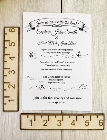 Pirate Wedding Invitation + RSVP | Nautical Skull Crossbones Stationery | Pirate Ship Paper Invite Set