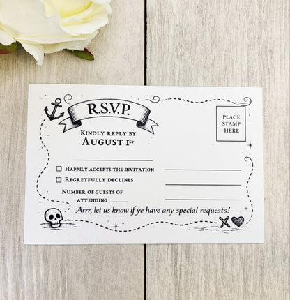 Pirate Wedding Invitation + RSVP | Nautical Skull Crossbones Stationery | Pirate Ship Paper Invite Set