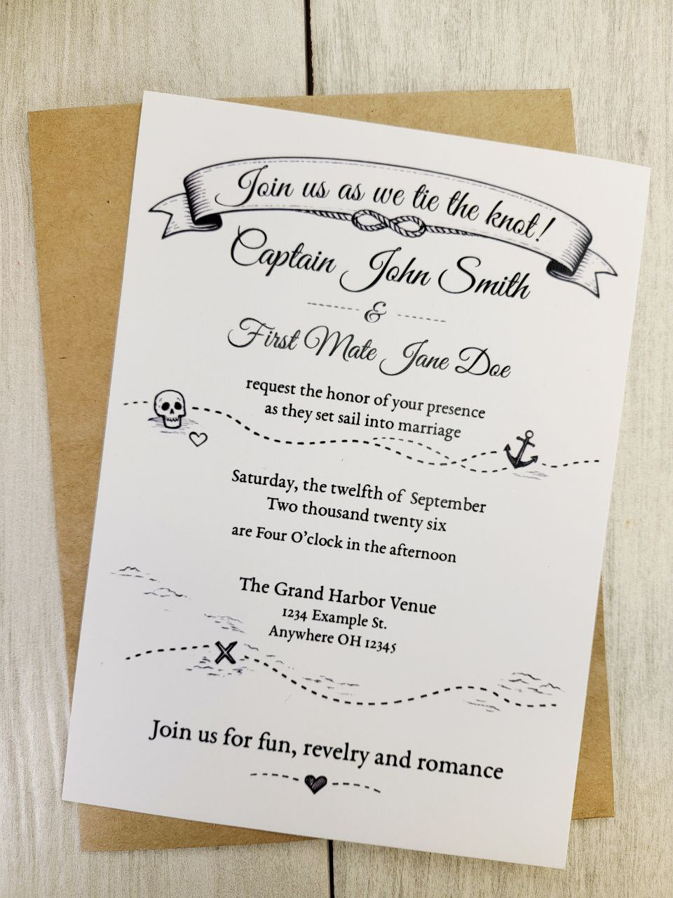 Pirate Wedding Invitation + RSVP | Nautical Skull Crossbones Stationery | Pirate Ship Paper Invite Set