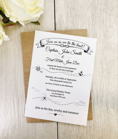 Pirate Wedding Invitation + RSVP | Nautical Skull Crossbones Stationery | Pirate Ship Paper Invite Set
