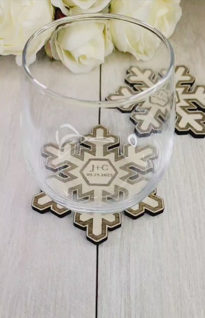 Personalized Snowflake Wedding Coaster Favor • Winter Wedding Guest Gift • Rustic Snow Decor • Custom Wood Favors for Guests