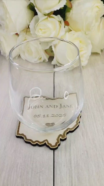 Personalized Ohio Wedding Coasters • Rustic State Wedding Favor for Guests • Custom Laser Engraved Wood Coaster Keepsake