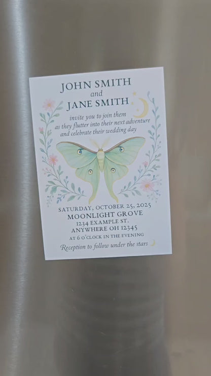 Luna Moth Wedding Invitation • Magnetic Rustic Boho Wedding Invite • Celestial Woodland Wedding Card with Heart Magnet
