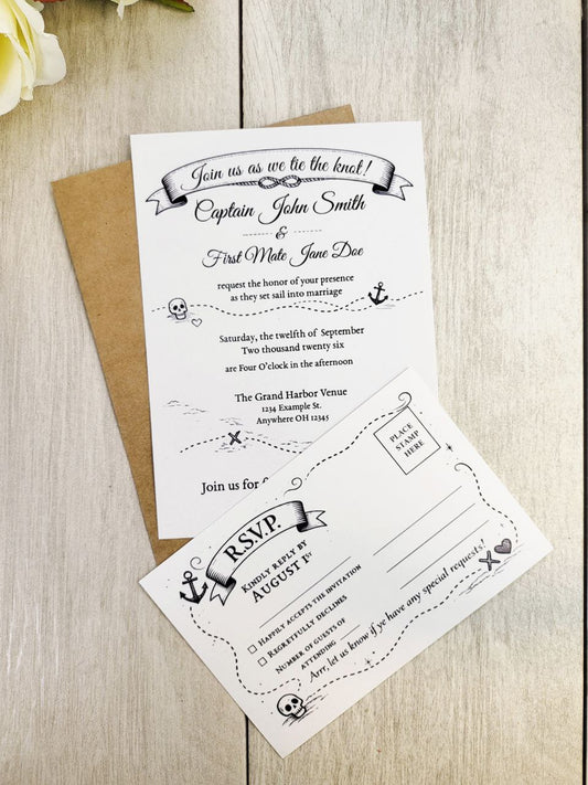 Pirate Wedding Invitation + RSVP | Nautical Skull Crossbones Stationery | Pirate Ship Paper Invite Set
