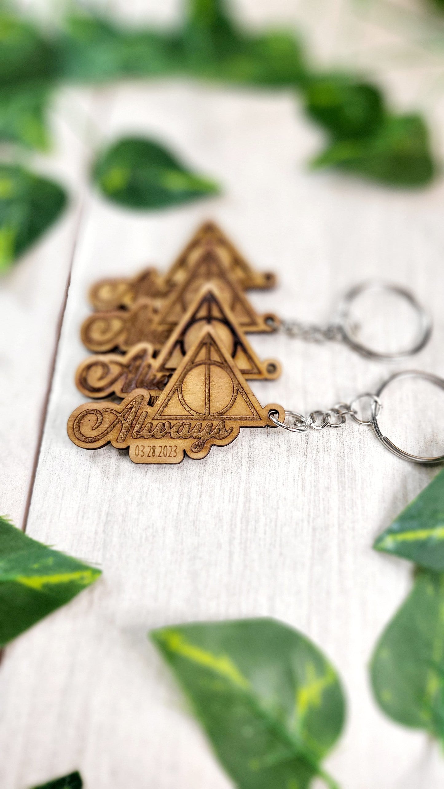 HP themed Deathly Hallows Always keychain wedding favors.