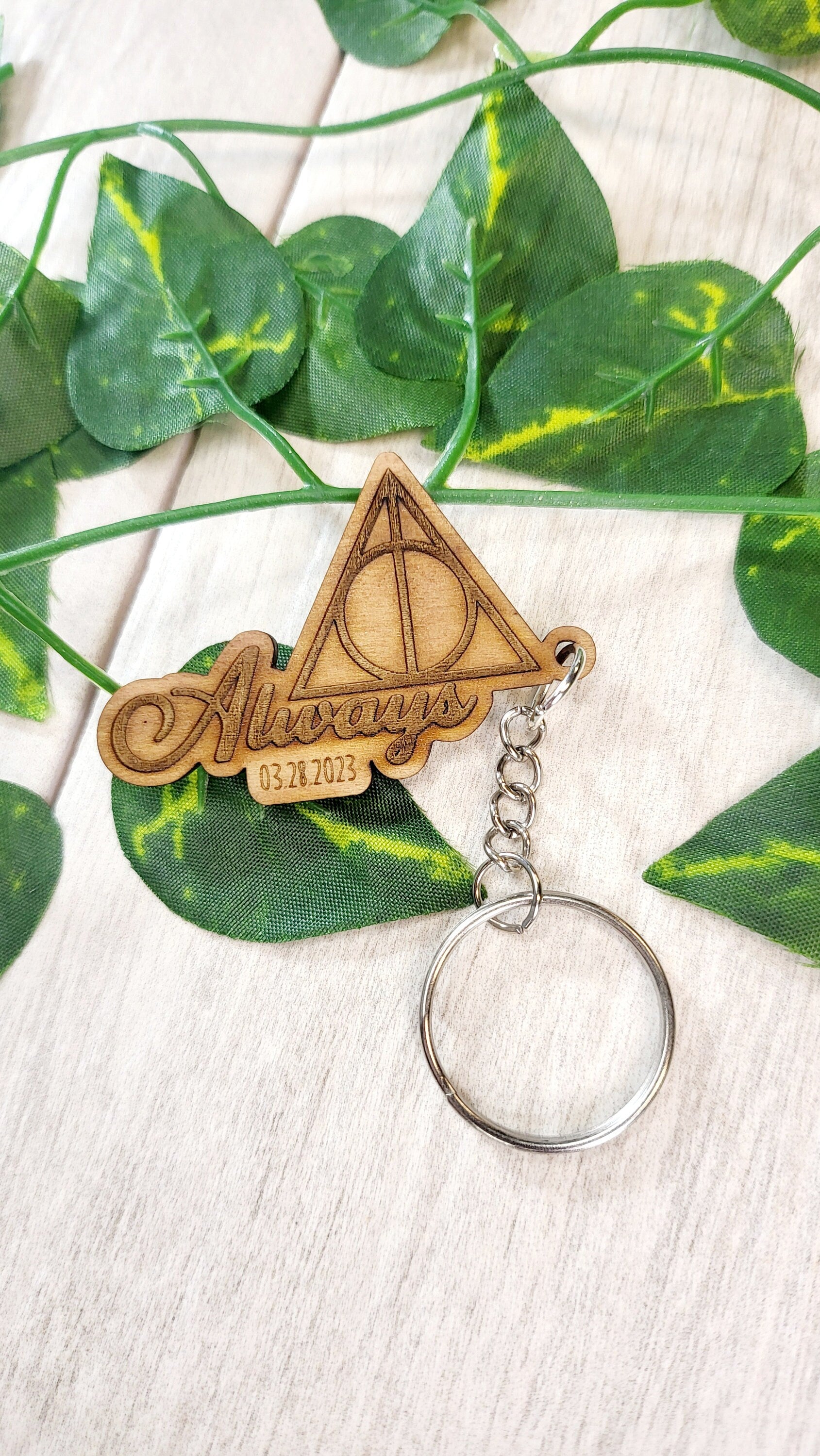 HP themed Deathly Hallows Always keychain wedding favors.