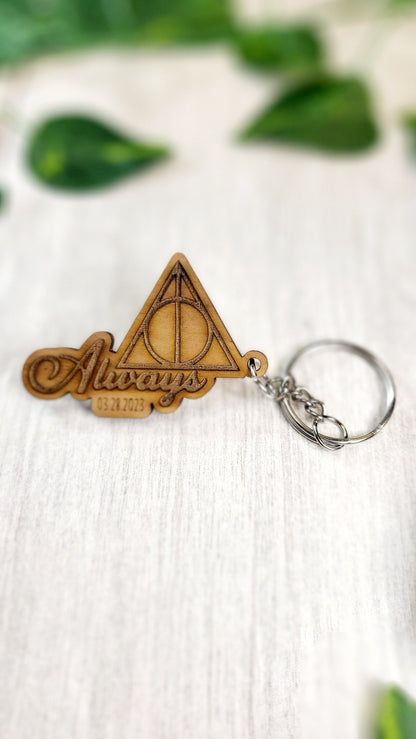 HP themed Deathly Hallows Always keychain wedding favors.
