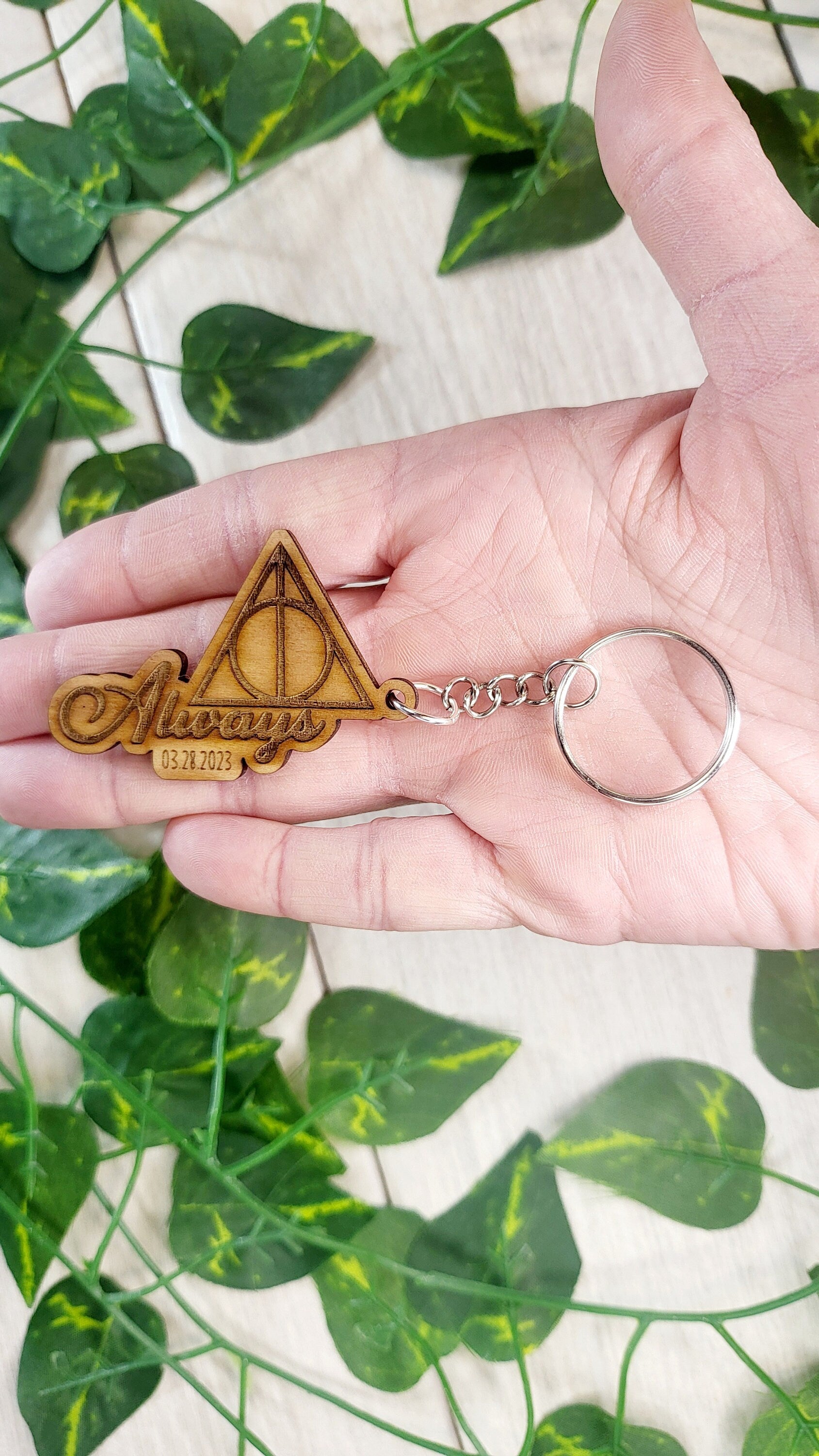 HP themed Deathly Hallows Always keychain wedding favors.