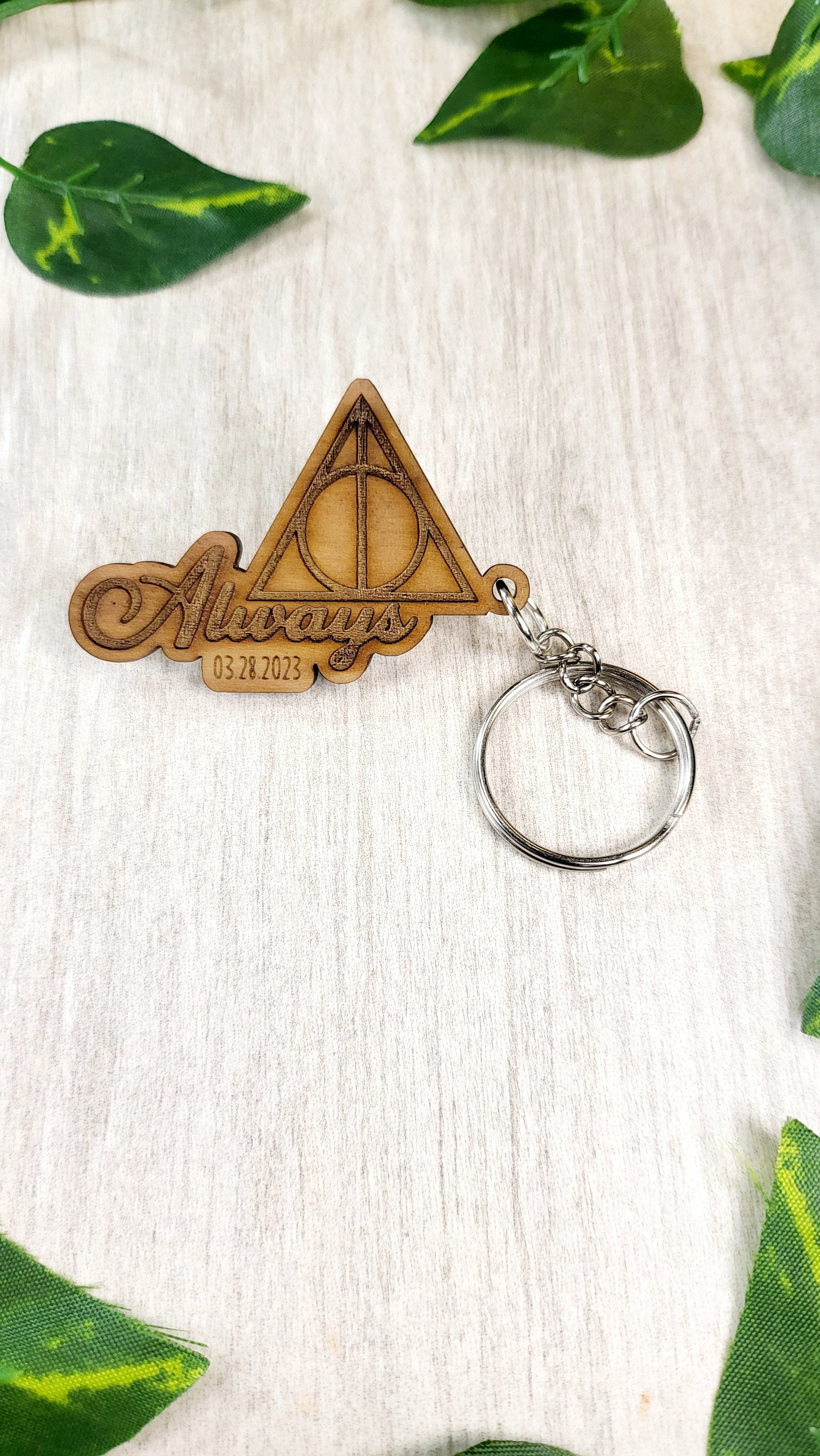 HP themed Deathly Hallows Always keychain wedding favors.